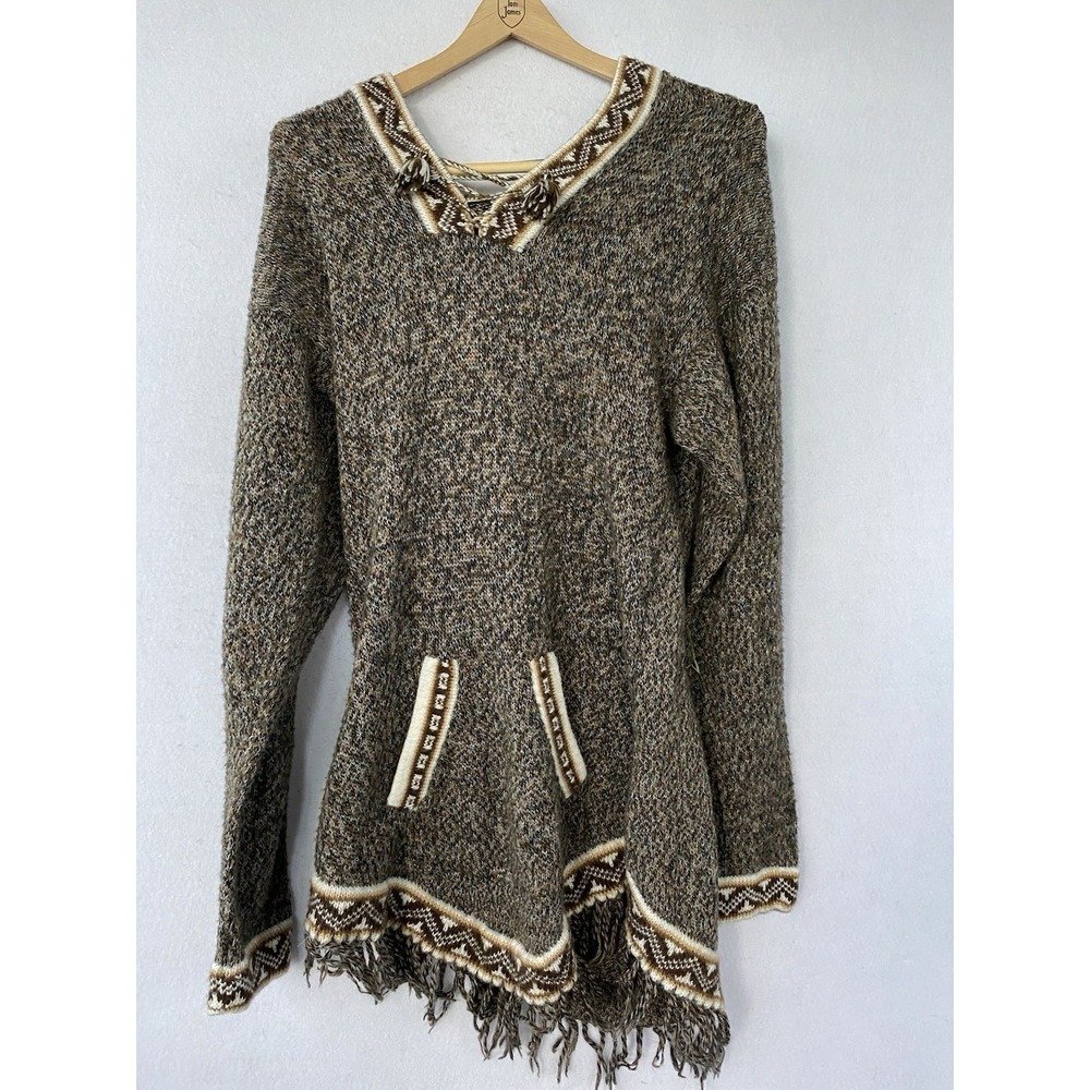 Pahuart SRL Andes Store Alpaca Tie Front Fringe Hooded Pullover Brown Boho Small